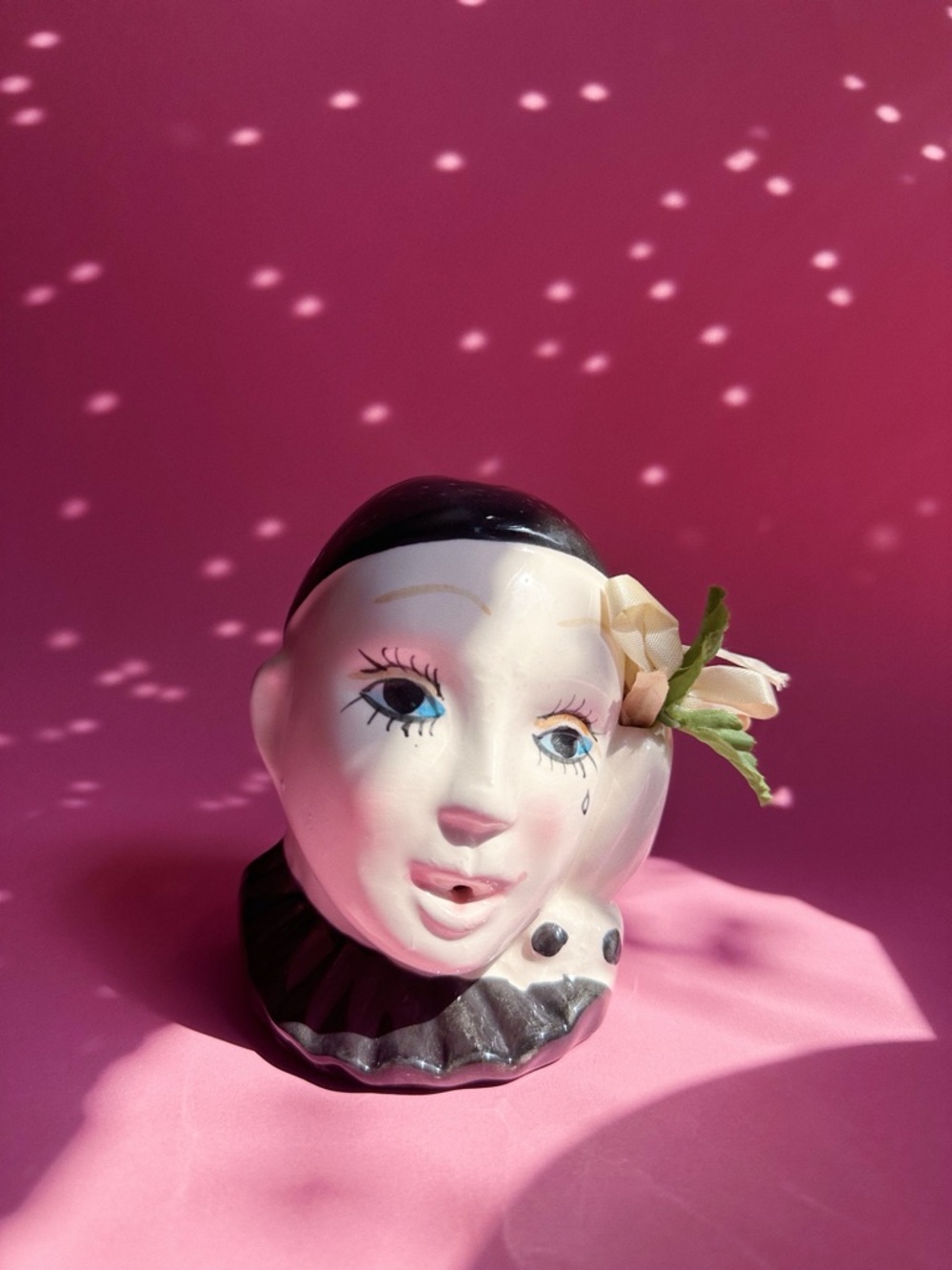 Vintage Ceramic Pierrot Clown Head Twine Dispenser with Pink Flower Accent